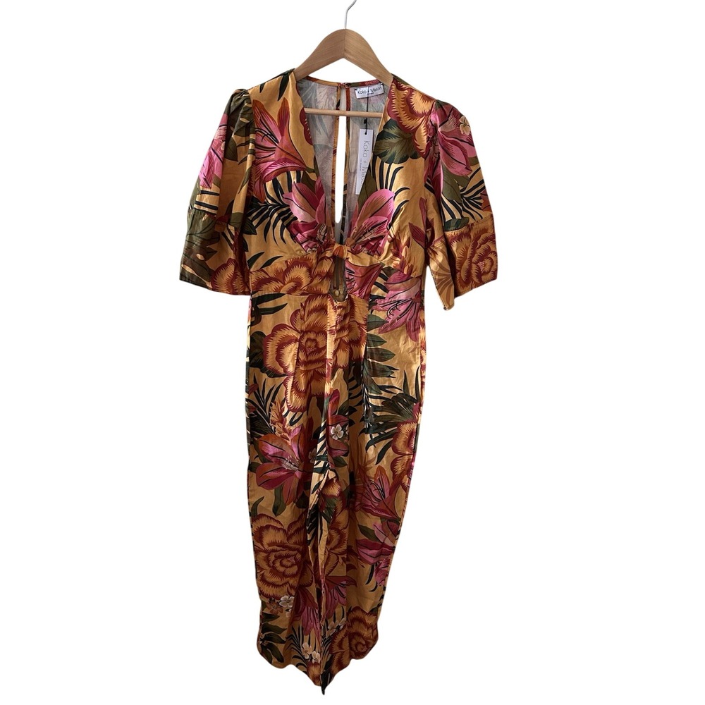 Koko + Mason Floral Jumpsuit Mustard Yellow Pink Tropical Puff Sleeve New‎ NWT